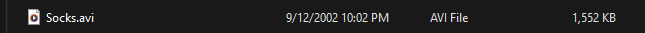 Windows Explorer listing for Socks.avi dated September 12, 2002